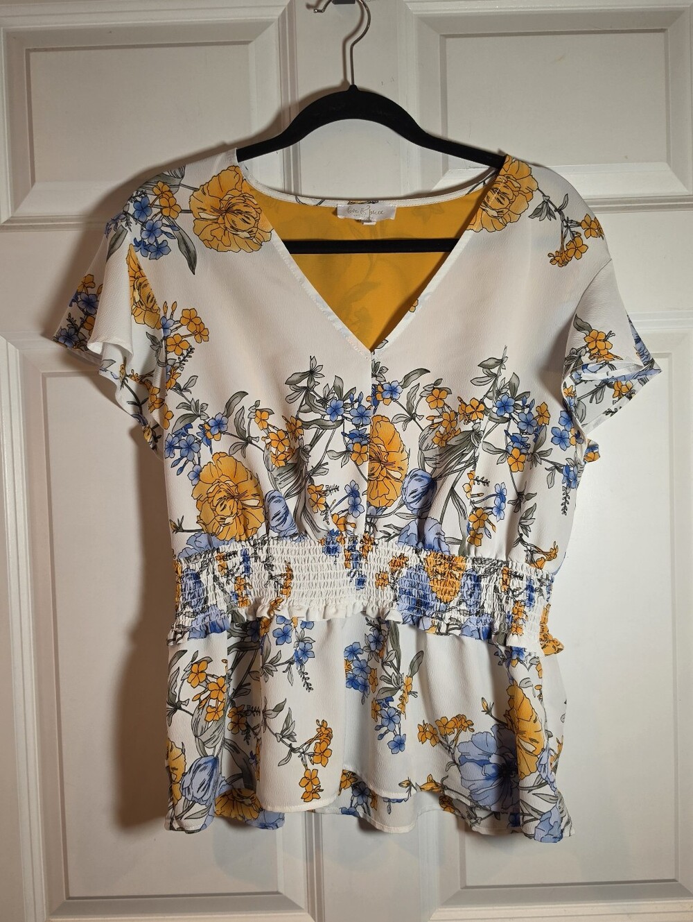 Love & Piece Floral Smocked Waist Blouse - White/Yellow/Blue XL